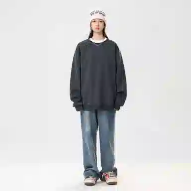 冰飞 美式嘻哈学院风基础简约纯色休闲宽松落肩学生上衣舒适打底圆领套头卫衣 男女同款