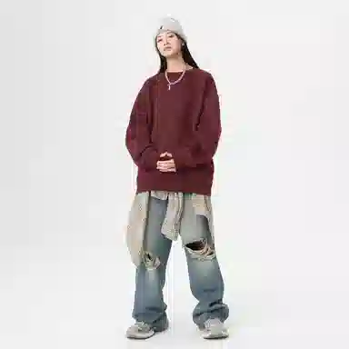 冰飞 美式嘻哈学院风基础简约纯色休闲宽松落肩学生上衣舒适打底圆领套头卫衣 男女同款