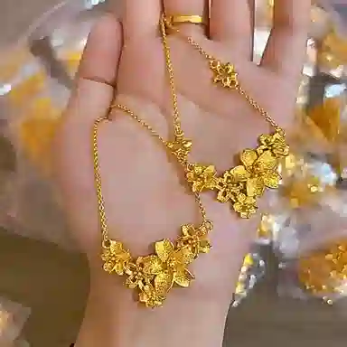 骊碧 金色新中式三生花套链镀金高级感繁花锁骨婚嫁花实用高档轻奢有意义 表白仪式感 黄铜 项链 女款