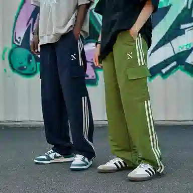 膨胀潮牌 复古宽松双杠侧条纹舒适休闲裤 男女同款