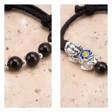 【s925银 财源广进】 聆听花开 新中式国风招财貔貅编绳 国潮复古转运吞金兽个性简约设计时尚百搭#好 黑曜石 手绳 男款