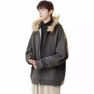 美式复古基础款拉链加绒厚款奥粒绒重磅长袖休闲宽松百搭开衫连帽落肩纯色卫衣 男女同款