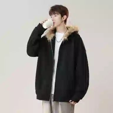 美式复古基础款拉链加绒厚款奥粒绒重磅长袖休闲宽松百搭开衫连帽落肩纯色卫衣 男女同款