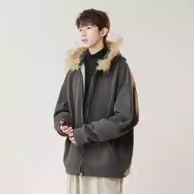 美式复古基础款拉链加绒厚款奥粒绒重磅长袖休闲宽松百搭开衫连帽落肩纯色卫衣 男女同款