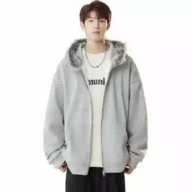 美式复古基础款拉链加绒厚款奥粒绒重磅长袖休闲宽松百搭开衫连帽落肩纯色卫衣 男女同款