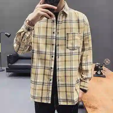 美式复古格子衬衫宽松休闲简约外穿学院风单穿叠穿日系复古单排扣口袋垂感宽松显瘦翻领长袖条纹衬衫 男女同款