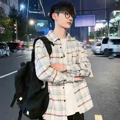 美式复古格子衬衫宽松休闲简约外穿学院风单穿叠穿日系复古单排扣口袋垂感宽松显瘦翻领长袖条纹衬衫 男女同款