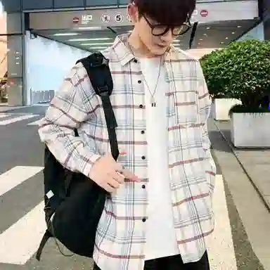 美式复古格子衬衫宽松休闲简约外穿学院风单穿叠穿日系复古单排扣口袋垂感宽松显瘦翻领长袖条纹衬衫 男女同款