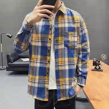 美式复古格子衬衫宽松休闲简约外穿学院风单穿叠穿日系复古单排扣口袋垂感宽松显瘦翻领长袖条纹衬衫 男女同款