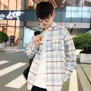 美式复古格子衬衫宽松休闲简约外穿学院风单穿叠穿日系复古单排扣口袋垂感宽松显瘦翻领长袖条纹衬衫 男女同款