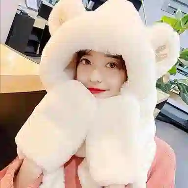 优幽兰 东北加绒加厚毛绒帽围巾一体式手套百搭时尚防风防寒休闲保暖护耳小众 聚酯纤维 斗篷帽 女款