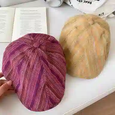 优莲茵 日系古着彩色条纹前进 复古百搭显脸小反戴 棉 贝雷帽 女款