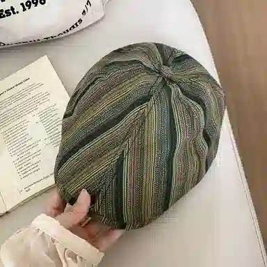 优莲茵 日系古着彩色条纹前进 复古百搭显脸小反戴 棉 贝雷帽 女款