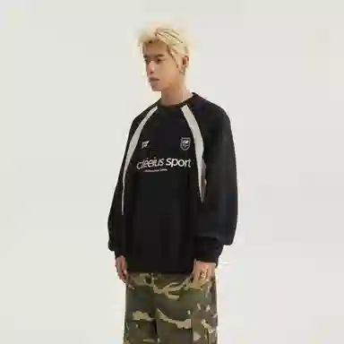 玉儿恋 美式潮牌拼接酷帅圆领宽松休闲随性运动重磅长袖卫衣 男女同款