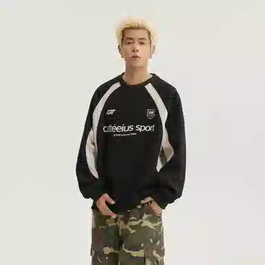 玉儿恋 美式潮牌拼接酷帅圆领宽松休闲随性运动重磅长袖卫衣 男女同款