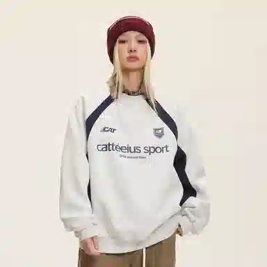 玉儿恋 美式潮牌拼接酷帅圆领宽松休闲随性运动重磅长袖卫衣 男女同款