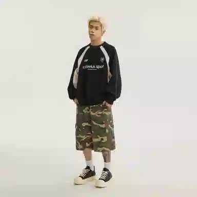 玉儿恋 美式潮牌拼接酷帅圆领宽松休闲随性运动重磅长袖卫衣 男女同款