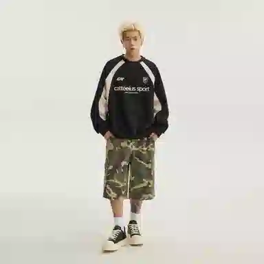 玉儿恋 美式潮牌拼接酷帅圆领宽松休闲随性运动重磅长袖卫衣 男女同款