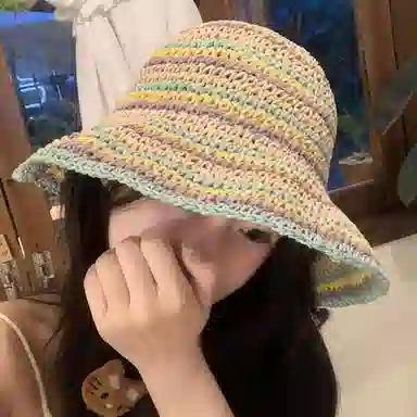 优幽兰 小众设计感田园风撞色草帽韩版百搭夏季海边拍照沙滩度假可折叠防紫外线编织太阳帽甜美 纤维素材料 渔夫帽 女款