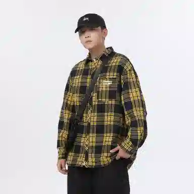 大卫贝肯 美式高街简约基础款复古格子休闲宽松舒适亲肤翻领长袖衬衫 男女同款