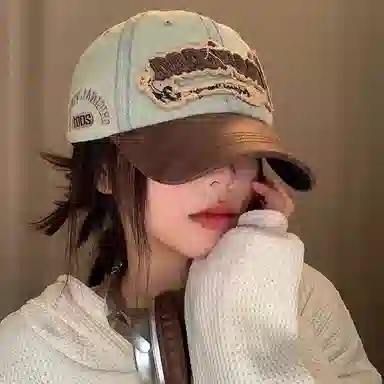 【巨显脸小 做旧刺绣字母】 攸委 美式复古撞色牛仔百搭 大头围加大加深宽帽檐潮牌遮阳 涤纶 鸭舌帽 男女同款情侣款