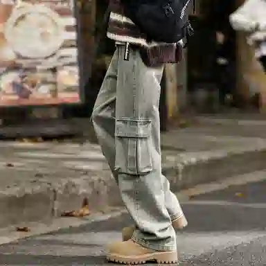 大卫贝肯 美式高街褶皱宽松直筒水洗磨白做旧复古口袋拉链拼接挂件可拆卸设计多口袋阔腿休闲牛仔裤 男女同款