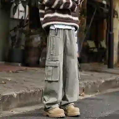 大卫贝肯 美式高街褶皱宽松直筒水洗磨白做旧复古口袋拉链拼接挂件可拆卸设计多口袋阔腿休闲牛仔裤 男女同款