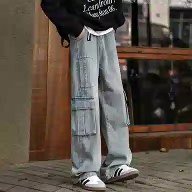 大卫贝肯 美式高街褶皱宽松直筒水洗磨白做旧复古口袋拉链拼接挂件可拆卸设计多口袋阔腿休闲牛仔裤 男女同款