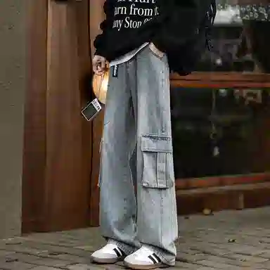 大卫贝肯 美式高街褶皱宽松直筒水洗磨白做旧复古口袋拉链拼接挂件可拆卸设计多口袋阔腿休闲牛仔裤 男女同款