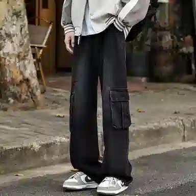 大卫贝肯 美式高街褶皱宽松直筒水洗磨白做旧复古口袋拉链拼接挂件可拆卸设计多口袋阔腿休闲牛仔裤 男女同款