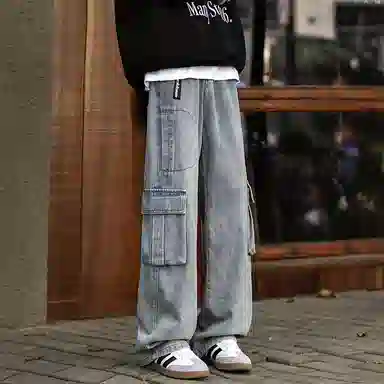 大卫贝肯 美式高街褶皱宽松直筒水洗磨白做旧复古口袋拉链拼接挂件可拆卸设计多口袋阔腿休闲牛仔裤 男女同款