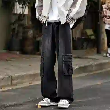 大卫贝肯 美式高街褶皱宽松直筒水洗磨白做旧复古口袋拉链拼接挂件可拆卸设计多口袋阔腿休闲牛仔裤 男女同款