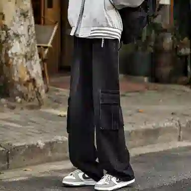 大卫贝肯 美式高街褶皱宽松直筒水洗磨白做旧复古口袋拉链拼接挂件可拆卸设计多口袋阔腿休闲牛仔裤 男女同款