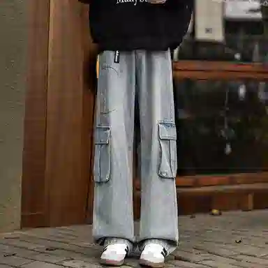 大卫贝肯 美式高街褶皱宽松直筒水洗磨白做旧复古口袋拉链拼接挂件可拆卸设计多口袋阔腿休闲牛仔裤 男女同款