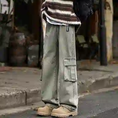 大卫贝肯 美式高街褶皱宽松直筒水洗磨白做旧复古口袋拉链拼接挂件可拆卸设计多口袋阔腿休闲牛仔裤 男女同款