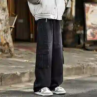 大卫贝肯 美式高街褶皱宽松直筒水洗磨白做旧复古口袋拉链拼接挂件可拆卸设计多口袋阔腿休闲牛仔裤 男女同款