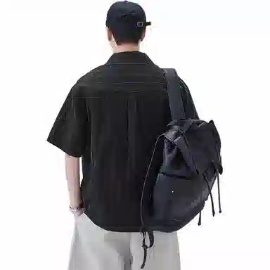 赞仕 美式复古高街口袋纯色潮流短袖衬衫 男款