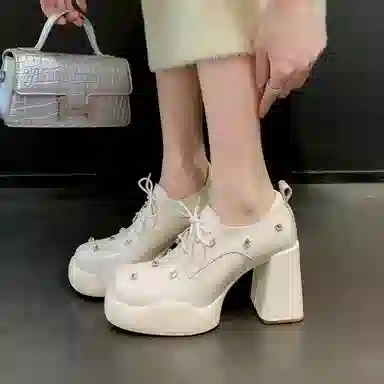 苏颜娇 牛皮 优雅百搭舒适简约   小众设计 复古 粗跟 高跟鞋 女