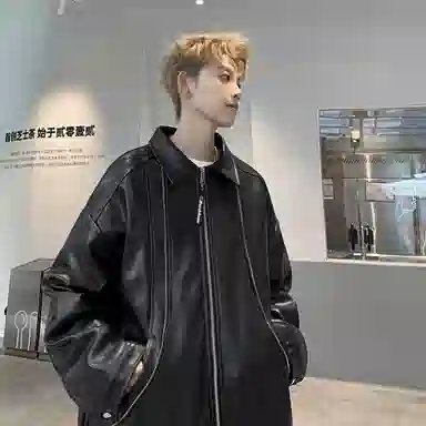 大卫贝肯 美式复古翻领纯色休闲百搭简约皮衣 男女同款 黑色