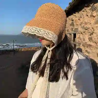 优幽兰 小众设计感 田园风蕾丝韩版百搭 海边拍照沙滩度假可折叠防紫外线太阳帽 纤维素材料 渔夫帽 女款