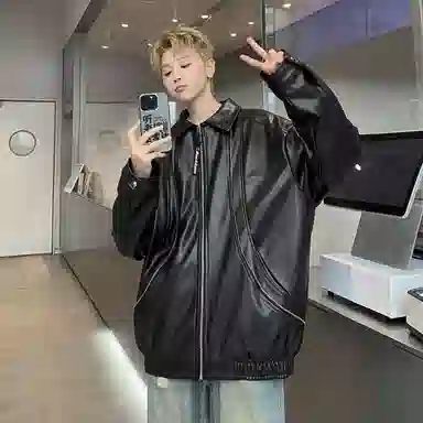 大卫贝肯 美式复古翻领纯色休闲百搭简约皮衣 男女同款 黑色