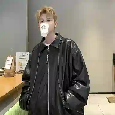 大卫贝肯 美式复古翻领纯色休闲百搭简约皮衣 男女同款 黑色