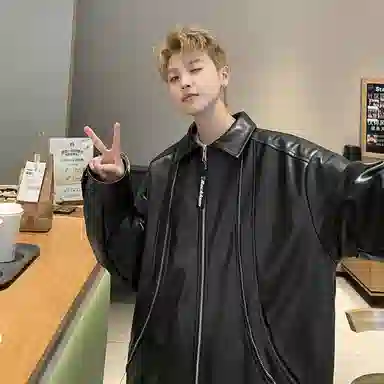 大卫贝肯 美式复古翻领纯色休闲百搭简约皮衣 男女同款 黑色