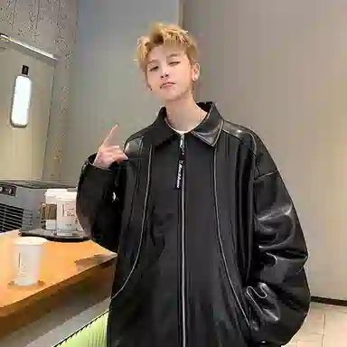 大卫贝肯 美式复古翻领纯色休闲百搭简约皮衣 男女同款 黑色