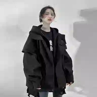 吉业重工 废土风下摆磨破假两件连帽宽松长袖夹克外套 男女同款