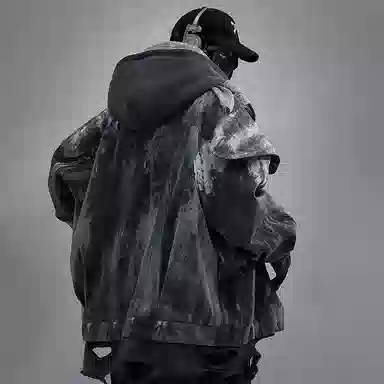 吉业重工 废土风下摆磨破假两件连帽宽松长袖夹克外套 男女同款