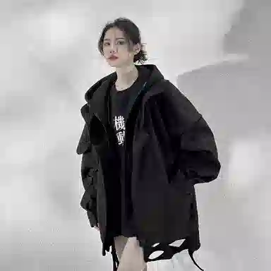 吉业重工 废土风下摆磨破假两件连帽宽松长袖夹克外套 男女同款
