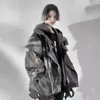 吉业重工 废土风下摆磨破假两件连帽宽松长袖夹克外套 男女同款