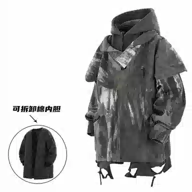 吉业重工 废土风下摆磨破假两件连帽宽松长袖夹克外套 男女同款