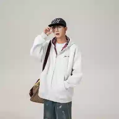 王者荣耀 鲁班七号星空梦想款美式复古创意花体字母印花格子拼接撞色简约落肩长袖休闲宽松连帽开衫卫衣 男女同款